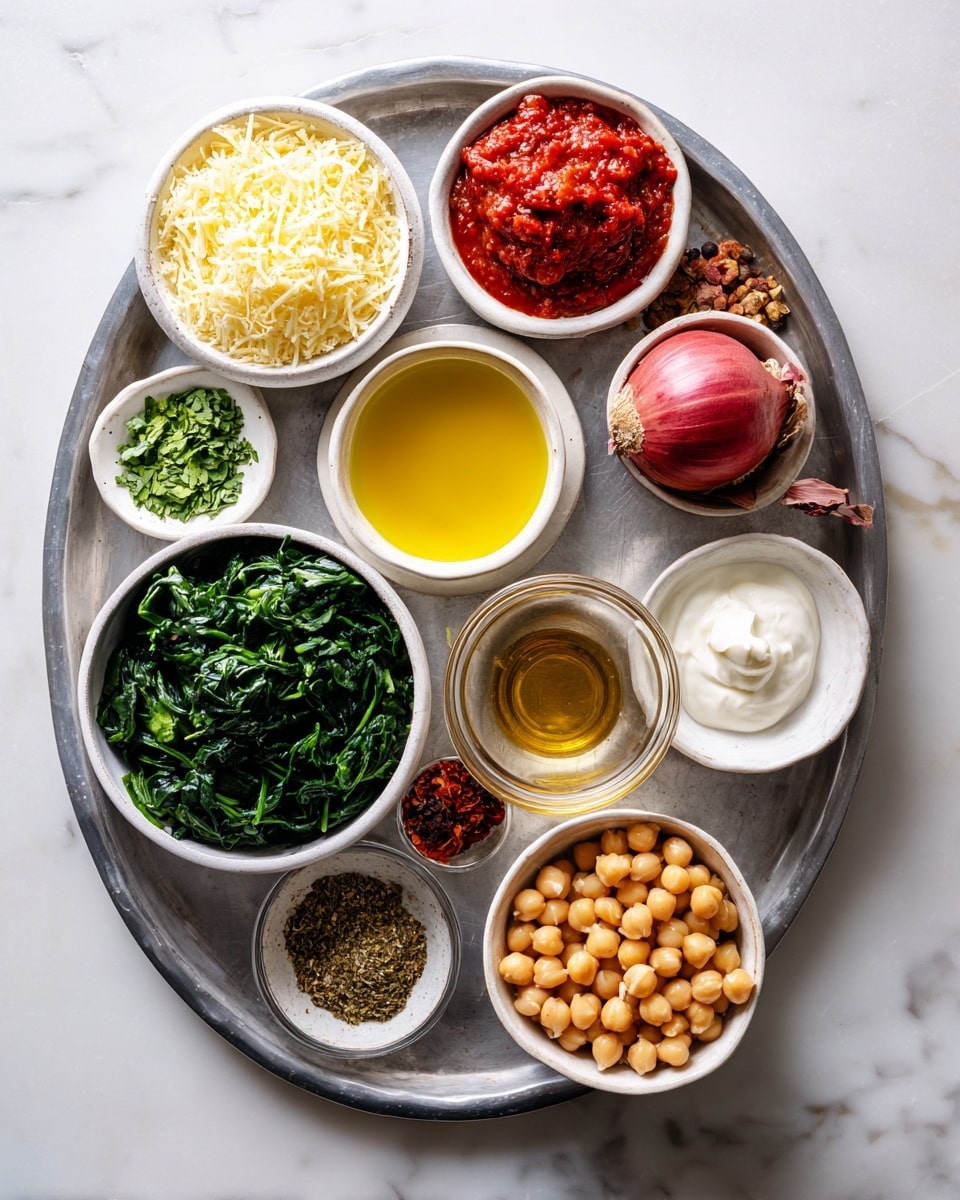 The image shows a metal tray with eleven small white bowls and one shallot placed on top. Starting at the top left, the first bowl holds light yellow grated parmesan cheese, below it is a small bowl with thick red tomato paste, and below that is a bowl filled with bright yellow olive oil. At the bottom left corner is a larger bowl with dark green chopped spinach. In the middle top is a pinkish shallot. To the right of the shallot is a bowl filled with white cream, followed below by a bowl of fresh chopped green basil. Slightly lower to the center left is a bowl with finely chopped pale yellow garlic. In the middle right, a fuller white bowl is filled with light brown chickpeas. Below that is a small clear glass container holding light brown veggie broth. To the right near the bottom is a tiny white bowl with mixed brown and green spices. Above the veggie broth and next to the garlic bowl is a small white dish filled with dark red sundried tomatoes. Everything sits on a light white marbled surface. Photo taken with an iphone --ar 4:5 --v 7