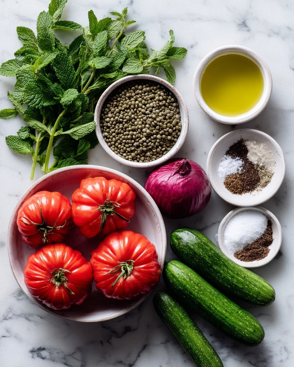 The image shows fresh ingredients on a white marbled surface. On the left, a white bowl holds bright red, ribbed tomatoes with dark green curly parsley behind them. Below this bowl is one purple red onion. To the right of the tomatoes and parsley, fresh dark green mint leaves lie flat on the surface. In the middle right, a small round white bowl has three separate piles of spices: coarse white salt, dark brown sumac, and crushed black pepper. Below the bowl of spices, four shiny, long green cucumbers rest together. Near the bottom center, a white bowl is filled with small green lentils. To the left, a small white cup holds greenish olive oil, and to the right, a similar white cup contains yellow lemon juice. The colors are fresh and vivid, with a natural light setting. Photo taken with an iphone --ar 4:5 --v 7