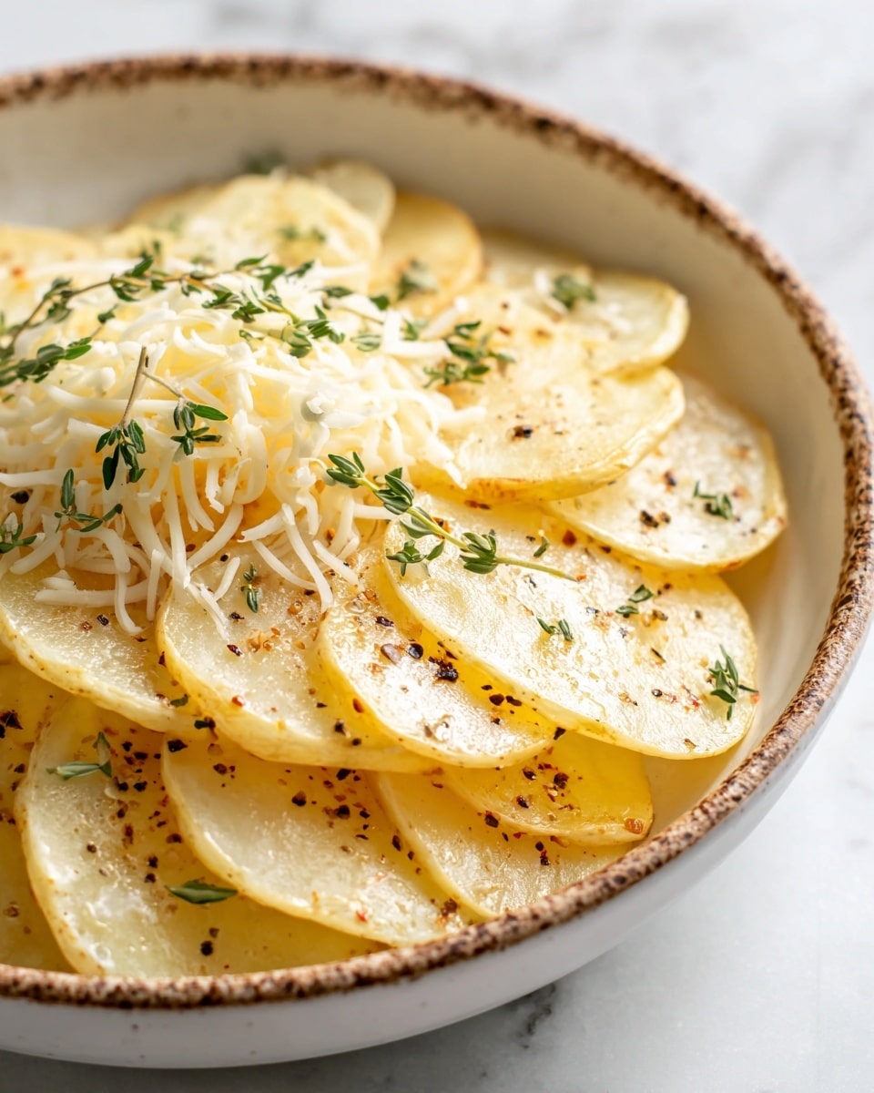 A close-up view of thin, round potato slices arranged in layers around the edge of a white bowl with a speckled brown rim. The potato slices are pale yellow with small specks of black pepper and fresh green thyme leaves scattered on top. In the center of the bowl, there is a mound of white shredded cheese with a soft texture, slightly covering some of the potato slices underneath. The background features a white marbled surface that adds brightness to the image. photo taken with an iphone --ar 4:5 --v 7
