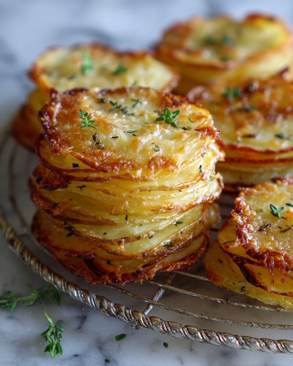 This image shows several small stacks of thinly sliced, golden-brown potatoes arranged in a circular cupcake shape. Each stack has multiple layers of potato slices with crisp, browned edges and a slightly caramelized surface. The tops of the stacks are sprinkled with shredded light yellow cheese that is melting and toasted, with small sprigs of fresh green herbs placed as garnish. The stacks are held in a metal rack on a warm, light brown wooden surface with a white marbled background visible. The textures range from crispy on the outer edges to soft inside, giving a rustic and appetizing look. Photo taken with an iphone --ar 4:5 --v 7