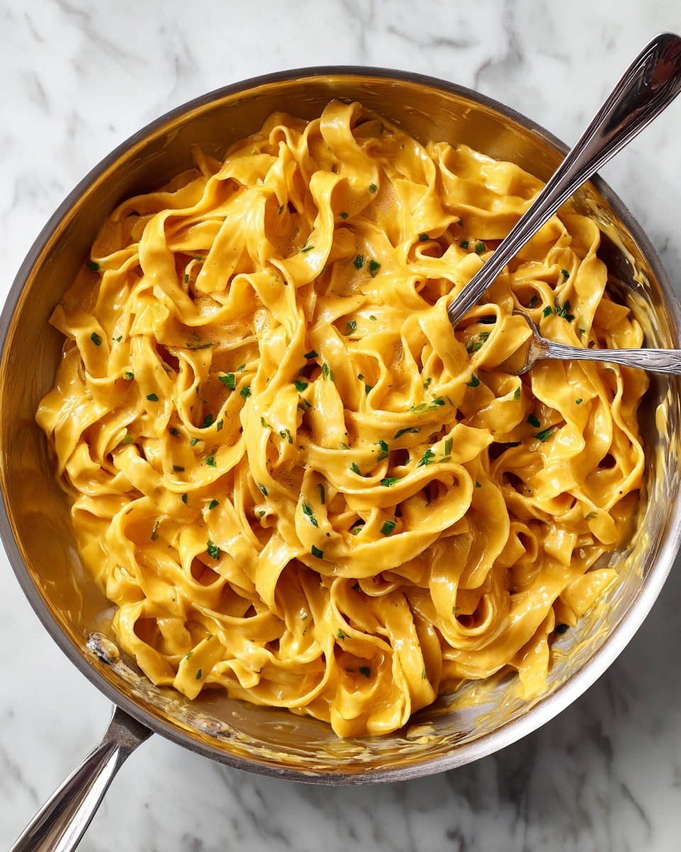 A silver pan filled with thick, flat yellow pasta noodles covered in a creamy orange sauce. The sauce is smooth and clings to the noodles that are twisted and layered unevenly across the pan. Small green herb pieces are sprinkled on top, adding a fresh color contrast. Two forks are placed in the pan, one lifting a small bundle of pasta. The pan rests on a white marbled surface with soft lighting highlighting the smooth texture of the sauce and noodles. photo taken with an iphone --ar 4:5 --v 7