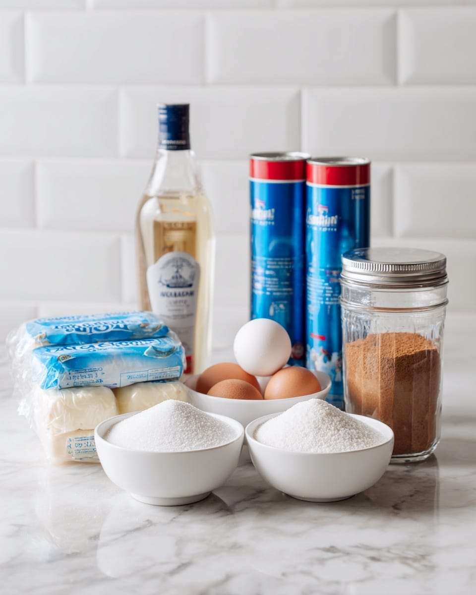 The image shows a set of baking ingredients arranged neatly on a white marbled surface with a white tiled background. There are two white bowls in the front, each filled with white sugar, placed on the left and right sides of the image. In the middle, there is one white egg resting beside three packs of cream cheese with blue and white packaging. Behind the egg and cream cheese, there is a large clear bottle of vanilla extract on the left side and two blue and red cans of crescent rolls standing upright side by side on the right side. To the far right, there is a clear glass jar with a silver lid labeled