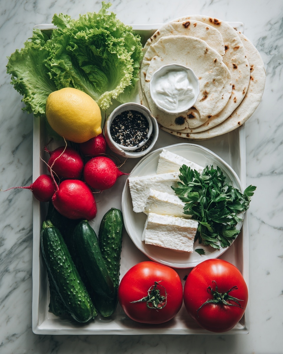 The image shows a white tray with several fresh ingredients arranged neatly on a white marbled surface. In the top left corner, there are bright green lettuce leaves and a dark green cucumber. Below them, a shiny red bell pepper sits next to a few red radishes and a lemon. Near the center, there is a small white bowl containing white cream and a round container with black seeds or spice. Toward the top right, there is a white plate with several slices of pale white cheese. Fresh green parsley is spread next to the cheese, and two white flatbreads are stacked on the right side. Two whole red tomatoes are placed on opposite corners of the tray. The whole setup looks clean and fresh. Photo taken with an iphone --ar 4:5 --v 7