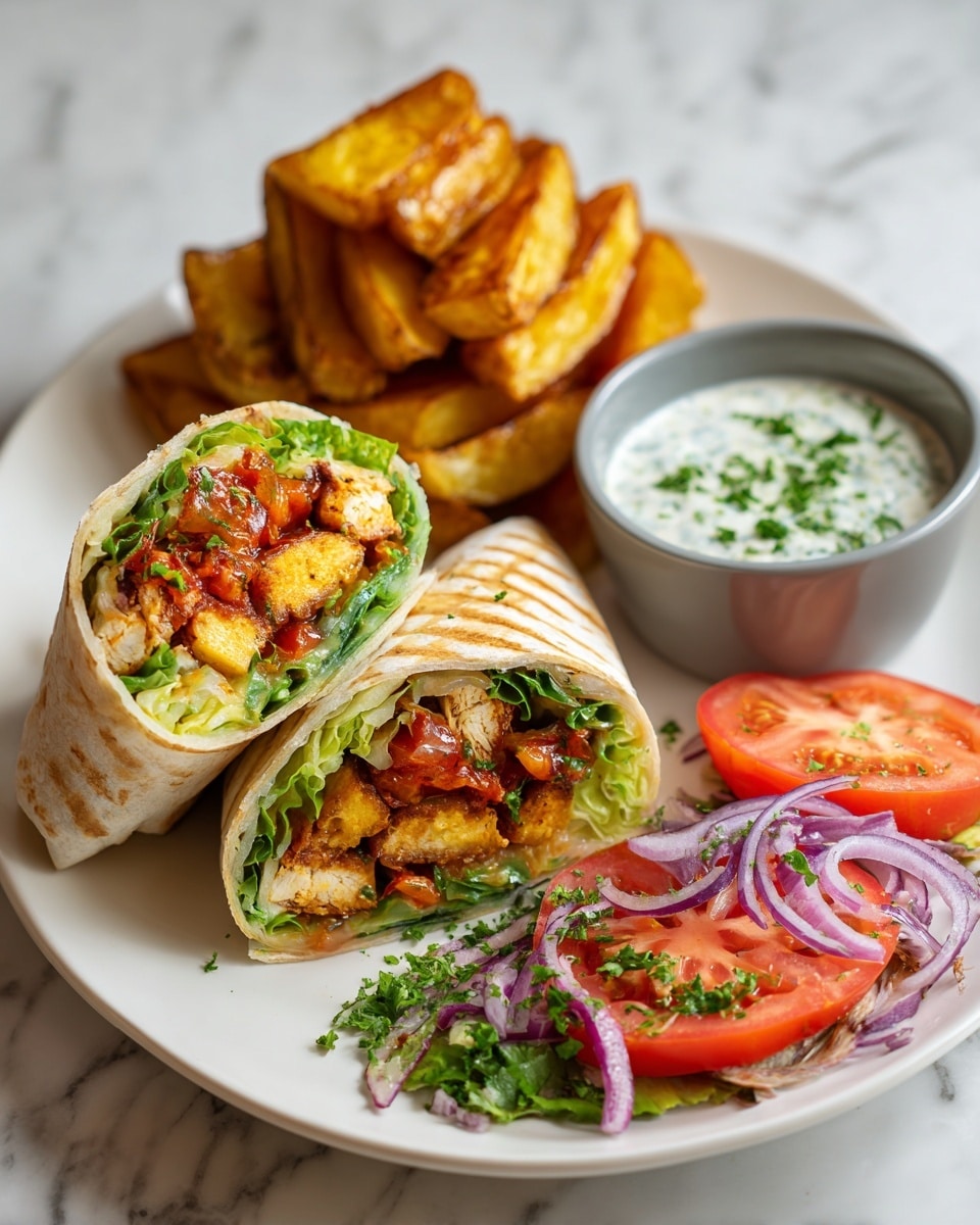 A wrap is cut in half to show three main layers inside: the outer white tortilla, two thick golden cheese slices in the middle with light grill marks, and a mix of fresh green lettuce, fine red onion pieces, and red sauce drizzled on top. The wrap halves sit on a round white plate with some golden brown potato wedges behind them. On the side, a small white bowl filled with white sauce garnished with small green herbs is placed. In front of the wrap, there are tomato slices topped with green parsley and some shredded light green lettuce and thin red onion rings scattered around. The whole scene sits on a white marbled surface. Photo taken with an iphone --ar 4:5 --v 7