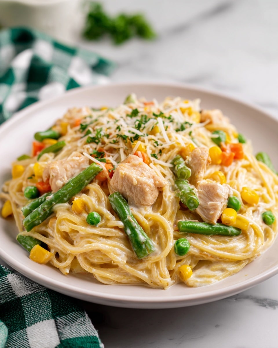 The dish is served on a white plate placed on a white marbled surface with a green and white checked cloth nearby. It has three main layers: the bottom layer is creamy white noodles with green beans, corn, peas, and carrot pieces mixed in, showing a smooth and rich texture. The middle layer consists of chunks of light brown cooked chicken scattered evenly across the noodles. The top layer is sprinkled with a small amount of grated white cheese and some finely chopped green herbs, adding slight texture and color contrast. Photo taken with an iphone --ar 4:5 --v 7