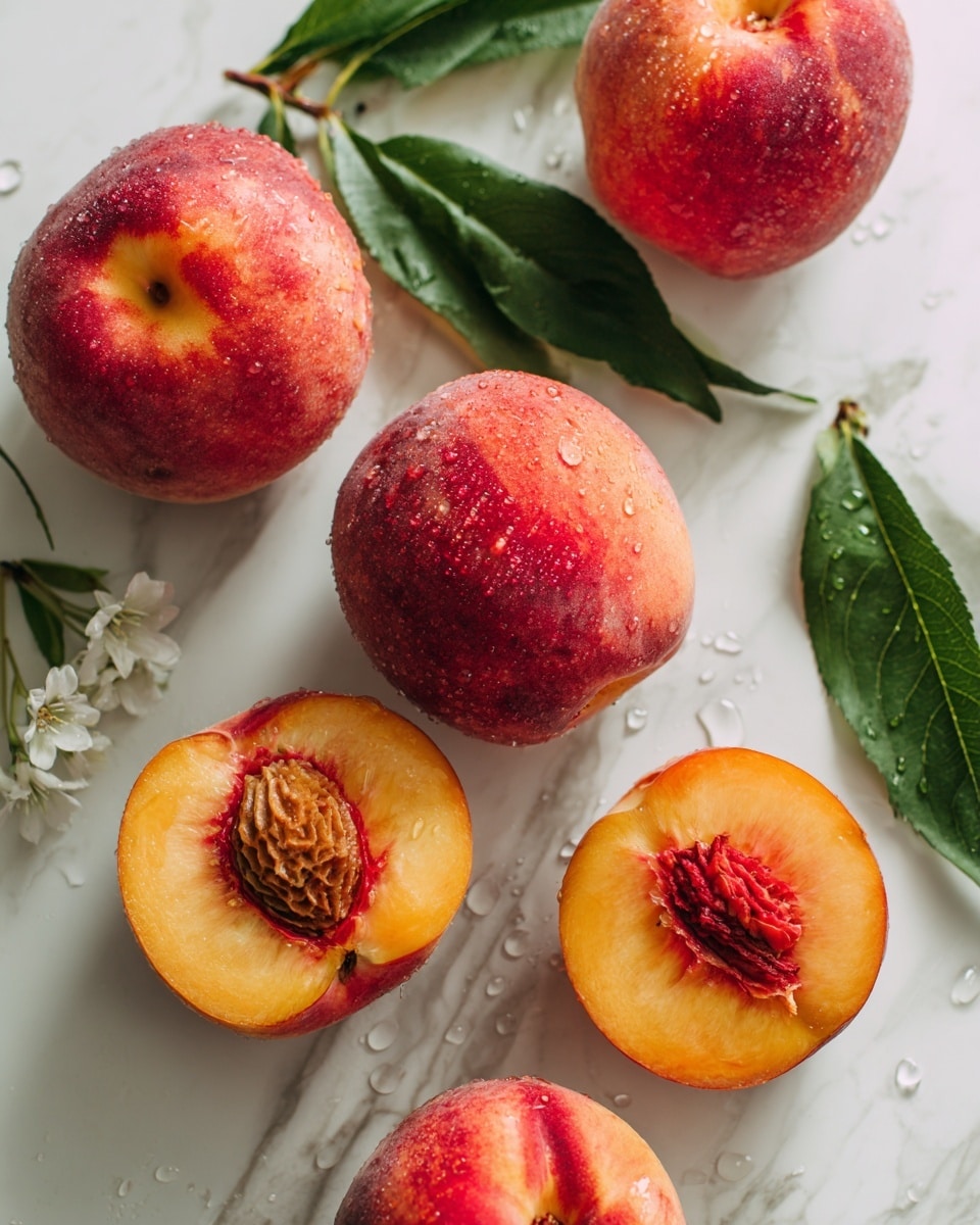 The image shows a group of ripe peaches placed on a white marbled surface. There are five whole peaches with a soft, fuzzy skin in shades of deep pink and red, some with green leaves attached. Two peach halves reveal their bright orange flesh and a rough, brown pit in the center. Small white flowers are scattered around, adding a delicate touch. Water droplets are visible on the peach skins, adding a fresh look. Photo taken with an iphone --ar 4:5 --v 7