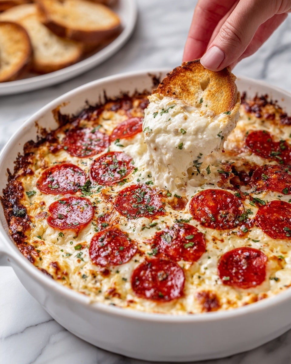 A white scalloped round dish holds a pepperoni pizza dip with three visible layers: the bottom layer is deep red tomato sauce with a smooth texture, the middle layer is creamy melted white cheese spread thickly and unevenly, and the top layer is made of evenly spaced, shiny round pepperoni slices with a reddish-brown color, garnished with finely chopped green herbs scattered on top. A woman's hand is dipping a toasted round piece of bread with a golden crust into the dip, lifting some cheese and sauce. The dish sits on a white marbled surface, and some cut green bell peppers are visible in the background. photo taken with an iphone --ar 4:5 --v 7