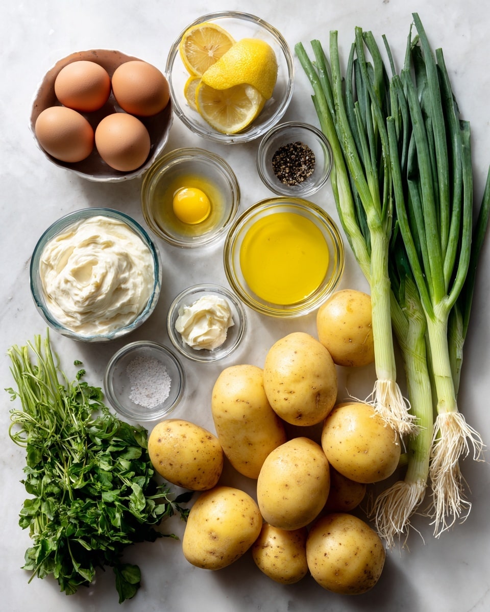 The image shows ingredients arranged neatly on a white marbled surface. There is a cluster of yellow potatoes on the right side, and next to them are spring onions with green stalks extending outward. In the center, clear bowls hold yellow lemon, white crème fraîche, clear olive oil, and yellow mustard. A small pile of salt and pepper sits beside the lemon. To the left, there are brown eggs grouped together, a small mound of white mayo in a bowl, and a bunch of fresh green herbs. The setting is bright and clean, with all items spaced clearly and labeled. Photo taken with an iphone --ar 4:5 --v 7
