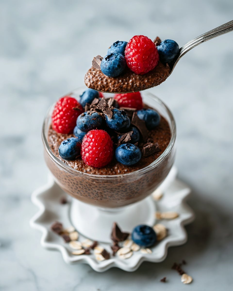The image shows a clear glass jar filled with three layers: the bottom layer is a thick, creamy chocolate mixture with a slightly bubbly texture; the middle layer appears to be blended into the chocolate base, making it uniform; the top layer is a colorful mix of fresh berries, including red raspberries and dark blue blueberries, along with small curls of dark chocolate scattered on top. A silver spoon with a decorative handle is placed inside the jar, leaning against the side. The jar sits on a white scalloped board, placed on a white marbled surface with scattered chocolate curls and a few loose blueberries nearby. In the background, there are small white bowls filled with chia seeds, oatmeal, and mixed berries. Photo taken with an iphone --ar 4:5 --v 7