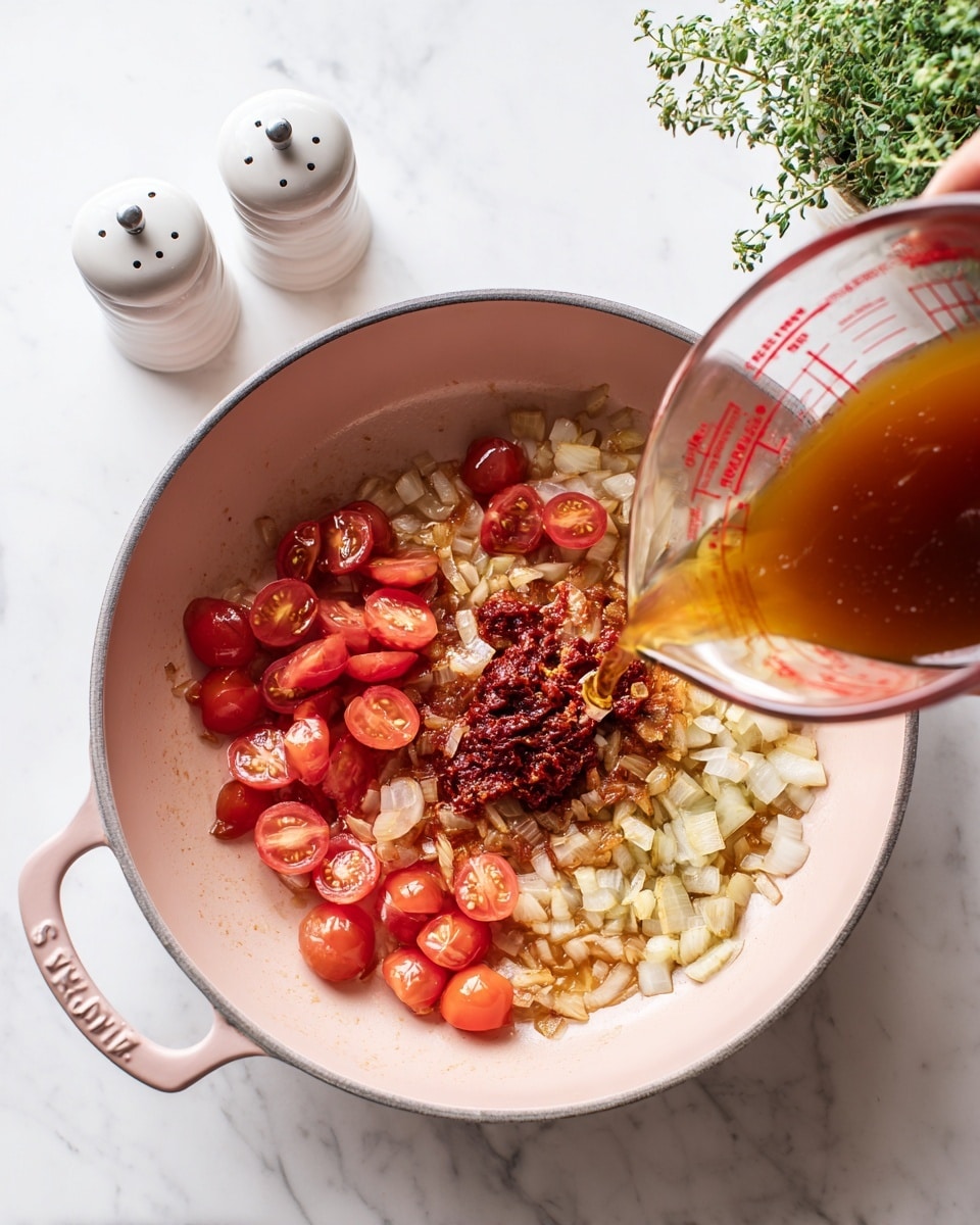 The image shows a light pink pan on a white marbled surface with sautéed diced onions spread across the bottom as the first layer. On top of the onions, there are small whole and halved bright red cherry tomatoes scattered around, along with a dollop of deep red sun-dried tomato paste in the center. In the second part of the image, a woman's hand is pouring brownish broth from a clear measuring cup with red markings into the pan, mixing with the tomatoes and onions. In the background, two white salt and pepper shakers and a small green plant can be seen. Photo taken with an iphone --ar 4:5 --v 7