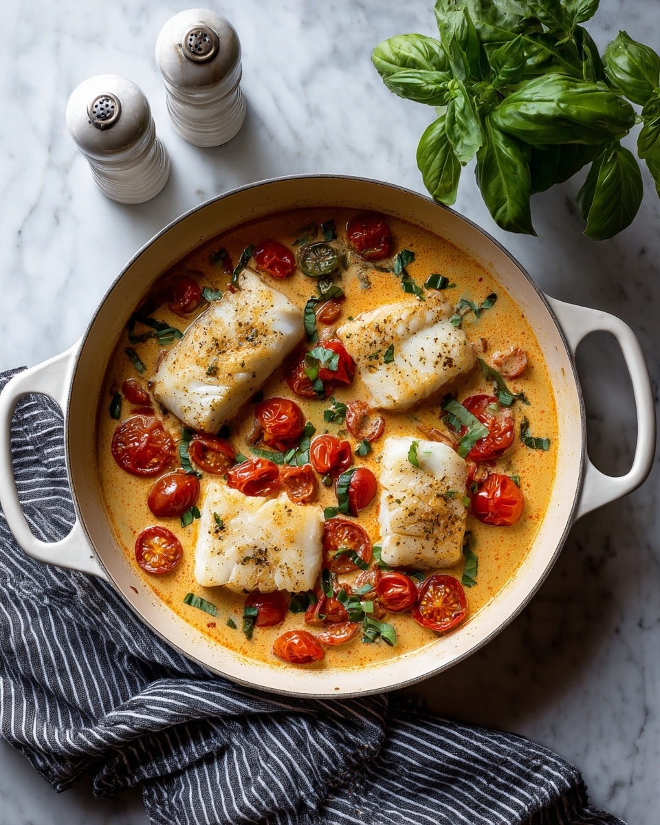 A white pan with light pink handles holds a creamy sauce dish with four golden-brown fish fillets laid side by side. The sauce is a soft orange-beige color, mixed with green leafy herbs and scattered bright red cherry tomatoes. The pan is placed on a white marbled surface, beside a folded gray and white cloth and two white pepper mills in the background. Fresh green basil leaves are partially visible to the right. photo taken with an iphone --ar 4:5 --v 7