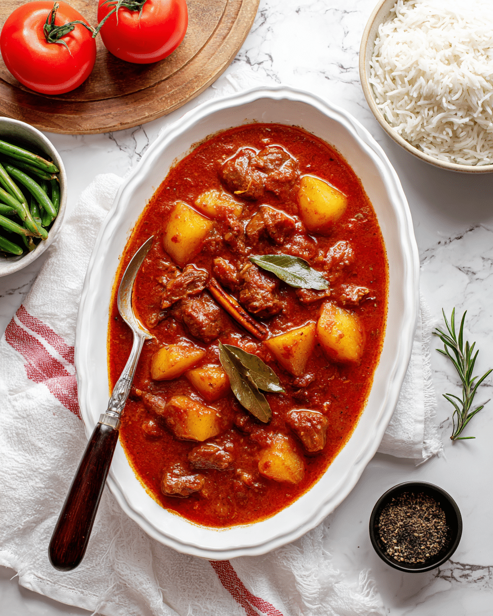 A white oval bowl holds a thick red stew with visible chunks of light brown meat, yellow potato pieces, dark bay leaves, and a dark stick of cinnamon, filled almost to the top with rich sauce; a vintage spoon with a dark wooden handle rests inside the bowl on the left side. Above the bowl, on the white marbled surface, sits a round white bowl filled with fluffy white rice, and to the right, a white bowl contains fresh green beans. To the left, two large tomatoes, one red and one orange, rest on a wooden board, next to a white cloth with red stripes. There is also a small black bowl with cracked black pepper near the bottom right corner. photo taken with an iphone --ar 4:5 --v 7