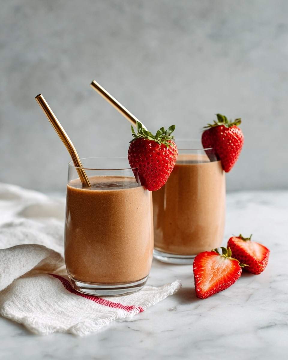 Two clear glasses are filled with light brown strawberry smoothie, each glass topped with a whole bright red strawberry on the rim. Two golden metal straws are placed in each glass, angled outward. In the front of the glasses, three sliced strawberries with red outer flesh and white inner parts rest on the white marbled surface. A white napkin with a red stripe is softly folded and placed on the right side in the background. The photo taken with an iphone --ar 4:5 --v 7