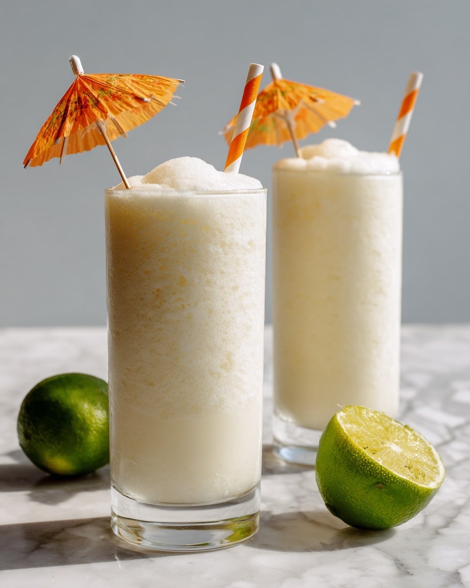 Two tall clear glasses filled with a thick, frothy white drink with a smooth, bubbly texture on top. Each glass has a small orange and white striped paper umbrella placed near the rim, adding a playful touch. In the background on a white marbled surface, there is a bright green half lime, slightly out of focus. The overall look is fresh and light, perfect for a cool, refreshing beverage photo taken with an iphone --ar 4:5 --v 7