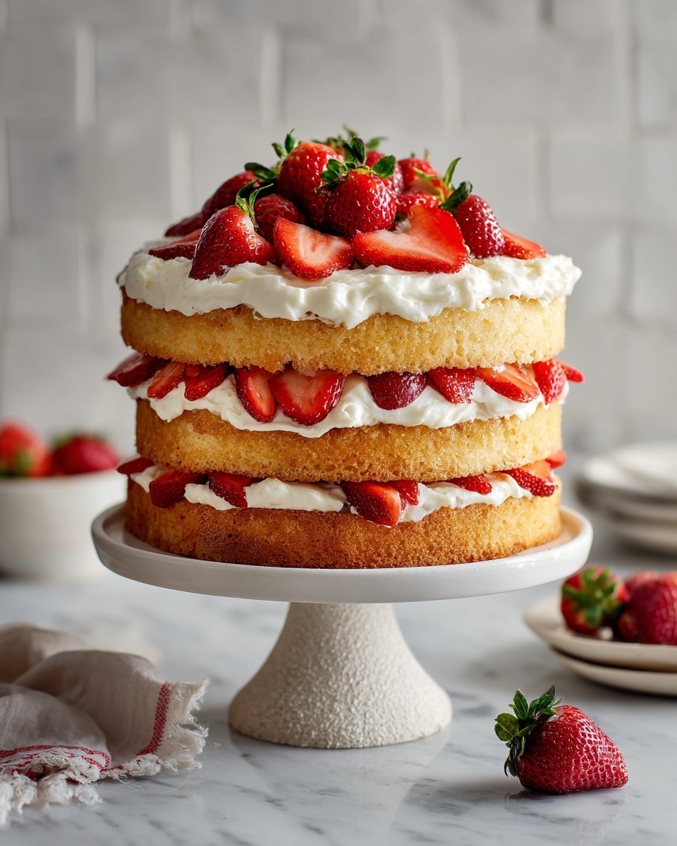 A three-layer vanilla cake with light beige, soft textured cake layers is shown with thick white creamy frosting spread on top and between each layer. Fresh red strawberries, halved, are placed between the middle layers and on top of the cake, adding bright red and green color contrast. The cake sits on a white cake stand against a white marbled textured surface background, with some whole and sliced strawberries placed around the base. Photo taken with an iphone --ar 4:5 --v 7