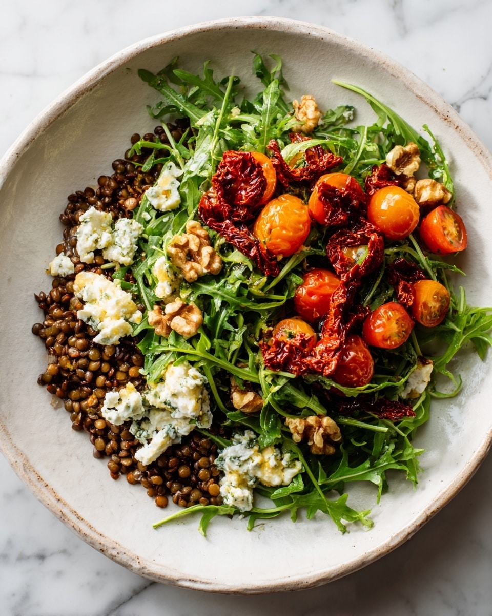 The dish is a salad served on a white plate with a rough edge. The bottom layer is fresh green leafy arugula spread across the plate. On top of this is a layer of brown lentils covering one side. Scattered on top are bright red sun-dried tomatoes and halved cherry tomatoes with their juicy texture. Small white crumbles of cheese are sprinkled over the tomatoes and lentils. Also, pieces of light brown walnuts are scattered, adding texture. The salad looks fresh and colorful with bright green, deep brown, and vibrant red tones. The photo is taken on a white marbled surface with an iphone --ar 4:5 --v 7