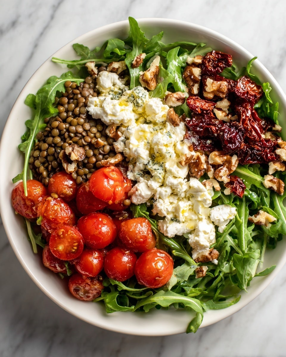 A white plate on a white marbled surface holds a fresh salad with three main layers. The bottom layer is green arugula leaves spread across the plate. Above that is a thick layer of cooked green lentils with a soft texture. The top layer features sliced red cherry tomatoes, strips of deep red sun-dried tomatoes, small crumbles of white cheese, and scattered pieces of light brown walnuts. The salad looks colorful and fresh with a mix of textures. Photo taken with an iphone --ar 4:5 --v 7