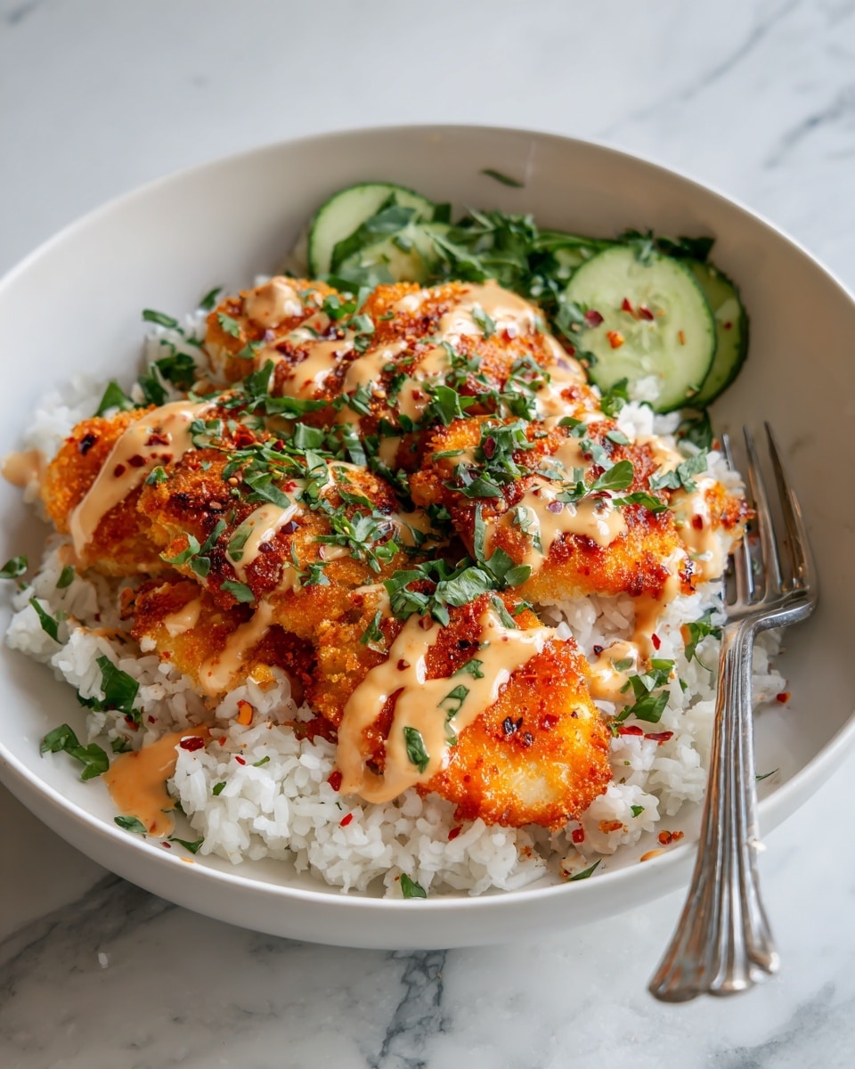 A white bowl with three layers, starting with a base of white rice at the bottom, topped with two pieces of bright orange cooked salmon seasoned with red chili flakes and fresh green chopped herbs scattered over them. The salmon pieces have white sauce drizzled in lines on top. At the top layer, there is a side of cucumber slices mixed with chopped greens and drizzled with the same white sauce. A silver fork is placed on the right side of the bowl. The bowl is set on a white marbled surface with some scattered red chili flakes around. Photo taken with an iphone --ar 4:5 --v 7