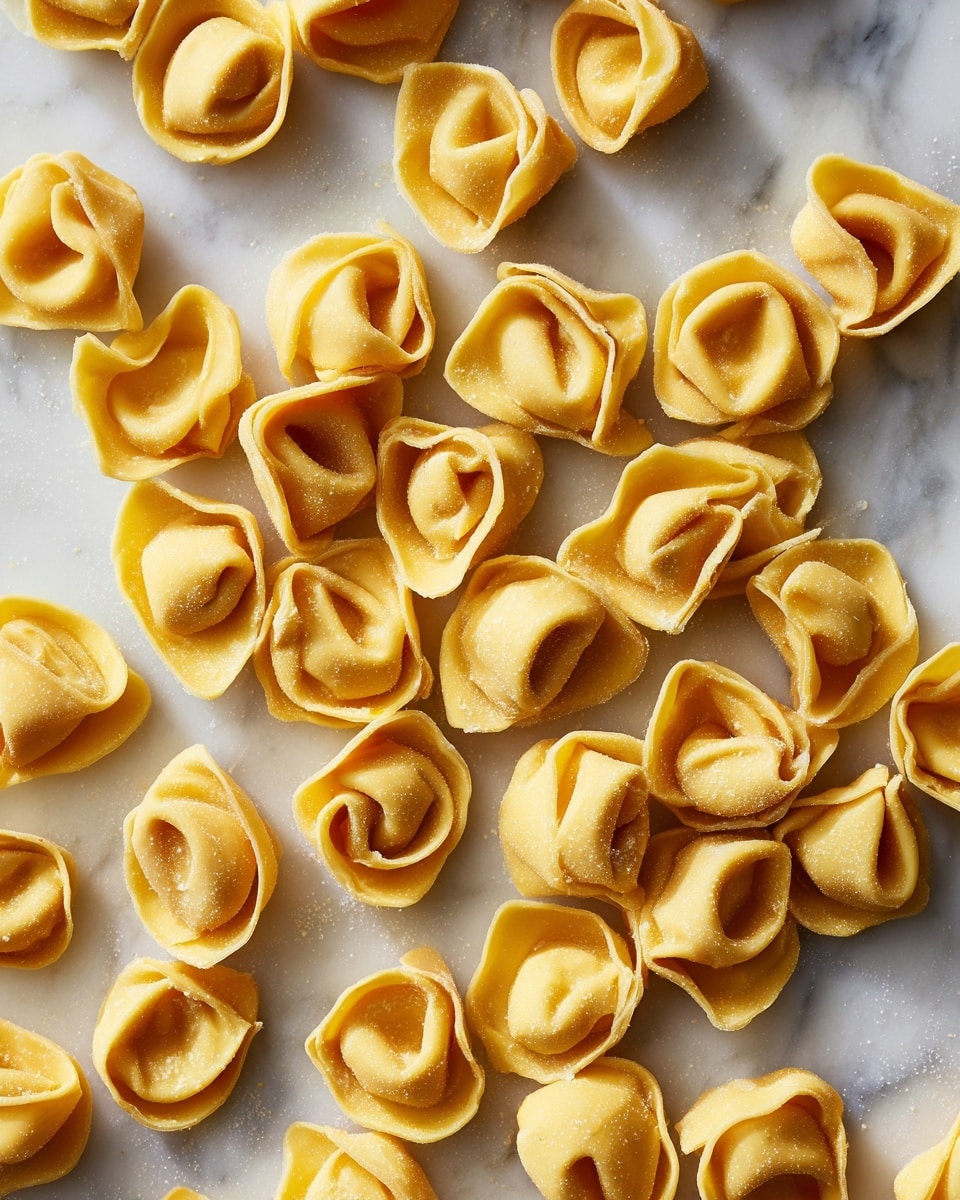 The image shows many small pieces of tortellini pasta scattered across a white marbled surface. Each piece is golden-yellow in color, with a smooth yet slightly textured dough. The tortellini shapes vary, some folded into rings while others have more pinched or rounded tops, creating a layered look with folds and curves that catch the light softly. The pasta is spread out in a natural, irregular pattern with some pieces overlapping, showing the depth and thickness of each small pasta. photo taken with an iphone --ar 4:5 --v 7