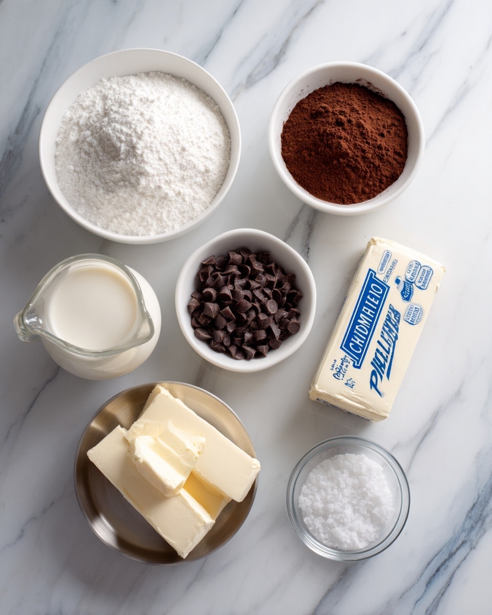 The image shows seven separate small containers arranged on a white marbled surface. At the top left is a white bowl filled with soft white powdered sugar. Next to it on the right is a white bowl with dark brown cocoa powder. Below the cocoa powder bowl is a glass jug filled with white cream. In the center is a white bowl filled with small dark chocolate chips. At the bottom left is a small shiny metal bowl with a chunk of light yellow butter. To the right of the butter is a rectangular block of cream cheese in white packaging labeled Philadelphia. Lastly, at the bottom right is a small clear glass bowl with white salt. Each container is neatly labeled with its ingredient name in dark blue text boxes. The surface is a smooth white marble with grey veins. photo taken with an iphone --ar 4:5 --v 7