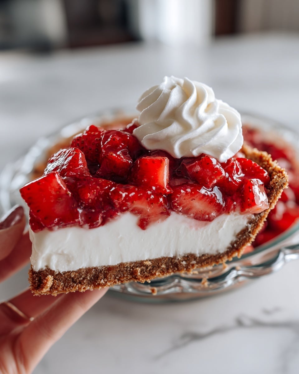 A slice of pie is being lifted out of a clear glass pie dish by a woman's hand. The pie has three layers: a golden-brown crumbly crust at the bottom, a thick white creamy middle layer, and a topping of bright red crushed strawberries and whole small strawberries. On the side of the slice, there is a dollop of white whipped cream inside the pie dish. The background is a white marbled texture. photo taken with an iphone --ar 4:5 --v 7