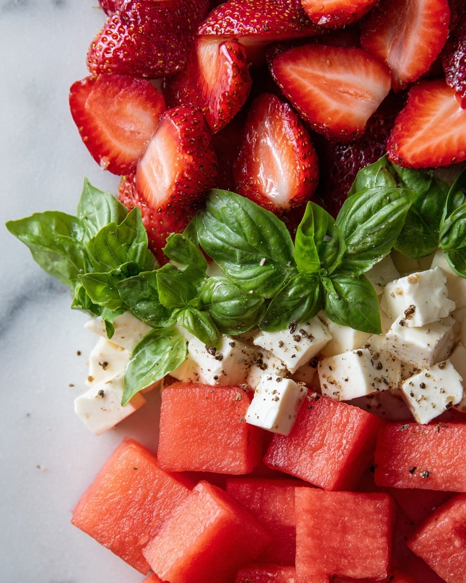 This image shows a fresh fruit salad with bright red strawberries and watermelon cubes scattered closely together. The strawberries are cut into halves and quarters, showing their juicy, textured surface with tiny seeds. The watermelon pieces are square and have a smooth, watery texture with visible slight grill marks. Small white crumbles of soft cheese are spread evenly over the fruit, adding a creamy contrast. Fresh green basil leaves are sprinkled throughout, adding a pop of color against the red fruits. The background is a white marbled surface, enhancing the vivid colors of the fruit. photo taken with an iphone --ar 4:5 --v 7