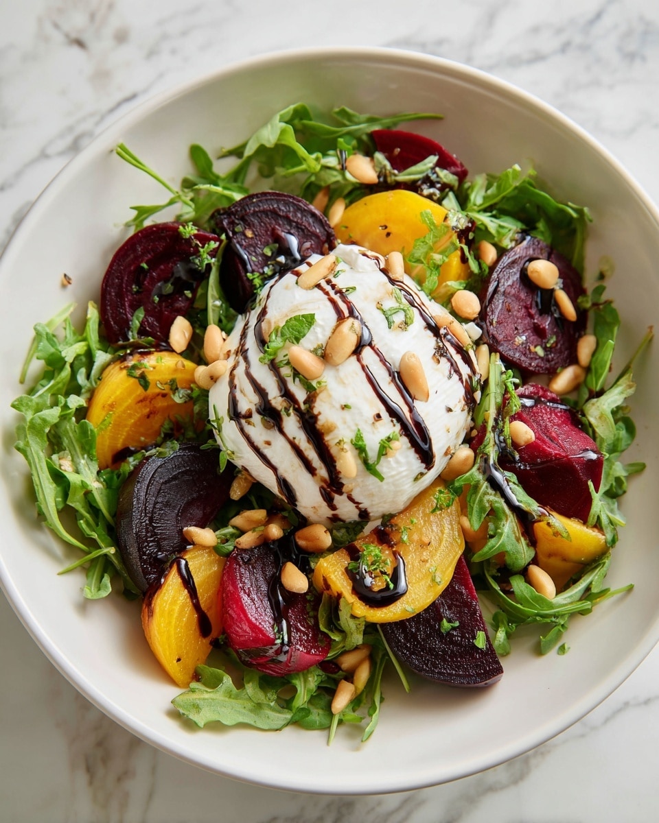 A white bowl filled with round slices of deep purple beetroot and chunks of golden yellow beetroot spread around the edges, mixed with fresh green leafy arugula. In the center, there is a large, smooth, white dollop of creamy cheese topped with a drizzle of dark brown balsamic glaze. The dish is sprinkled with small, light brown pine nuts and finely chopped green herbs, all resting on a white marbled surface. photo taken with an iphone --ar 4:5 --v 7