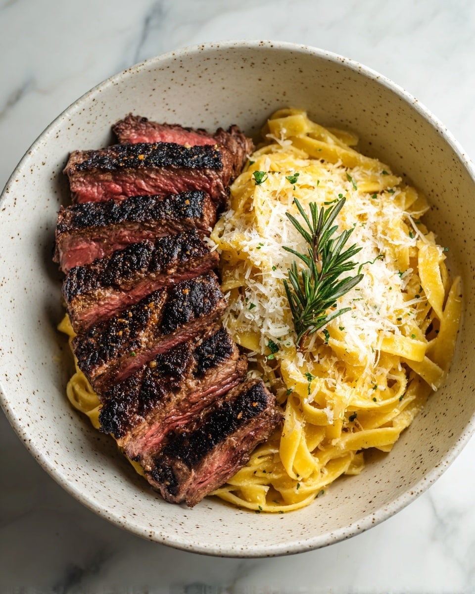 A white speckled bowl contains two main layers side by side: on the left, several thick slices of grilled steak with a dark charred crust outside and pink inside, stacked neatly; on the right, a mound of creamy yellow fettuccine pasta, topped with grated white cheese and green herbs, including a small sprig of rosemary placed on top. The bowl sits on a white marbled surface. photo taken with an iphone --ar 4:5 --v 7