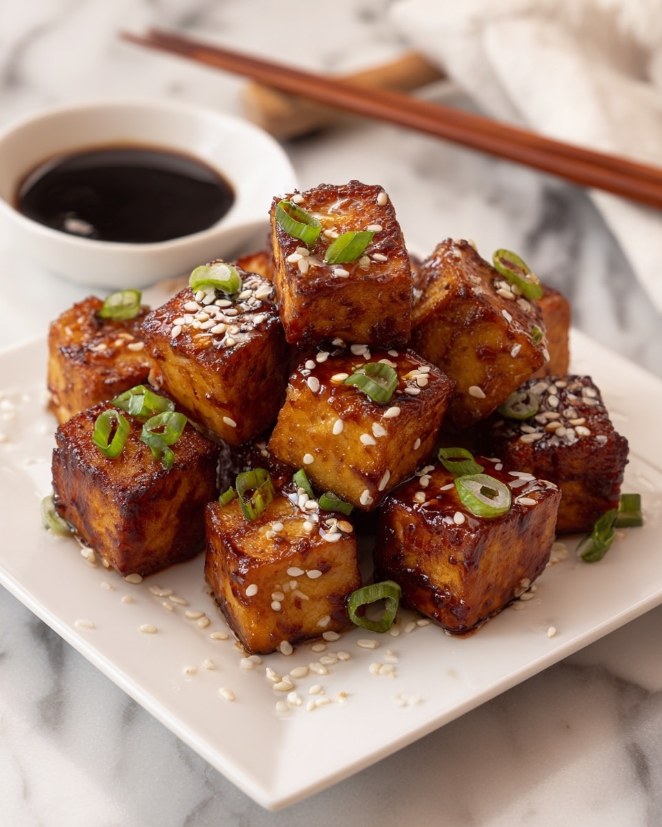 The image shows a white square plate filled with about ten small golden-brown cubes of crispy fried tofu, each topped with white sesame seeds and small pieces of chopped green onions. The cubes have a crunchy texture and a shiny glaze that makes them look appetizing. Around the edges of the tofu cubes, there are some darker caramelized spots adding contrast. Behind the plate, there is a shallow white bowl with dark soy sauce, and a pair of wooden chopsticks is placed near the top on a white marbled surface. photo taken with an iphone --ar 4:5 --v 7