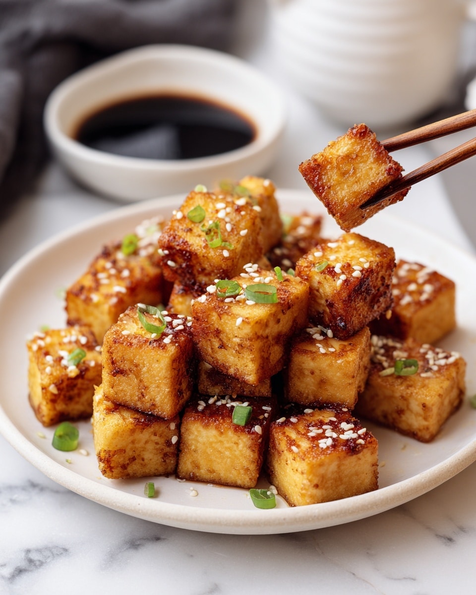 A white plate holds several crispy, golden-brown square pieces of fried tofu, stacked in a small pile. Each tofu piece has a shiny, sticky orange glaze on top, sprinkled with white sesame seeds and small green onion bits. In the blurred background, a white ramekin filled with dark soy sauce sits on a white marbled surface with a dark cloth partially visible. A pair of wooden chopsticks is picking up one tofu piece from the pile. photo taken with an iphone --ar 4:5 --v 7