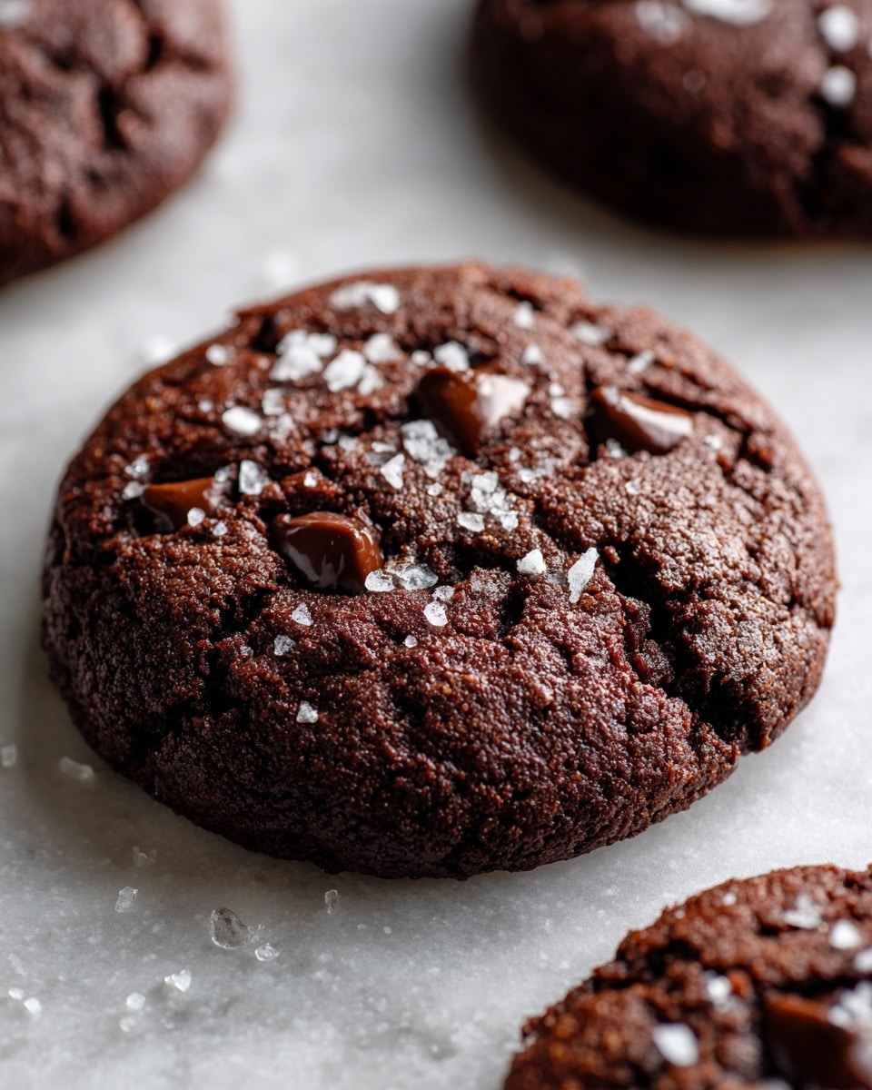 A close-up of a dark brown chocolate cookie with a rough, slightly crumbly texture and bits of chocolate chips embedded inside. The cookie surface has shiny sugar crystals scattered on top, adding a sparkling effect. The cookie is shown broken with the inside visible, revealing a moist, dense center with small bits of nuts or chocolate. The white marbled surface beneath adds contrast to highlight the cookie's rich color. Photo taken with an iphone --ar 4:5 --v 7