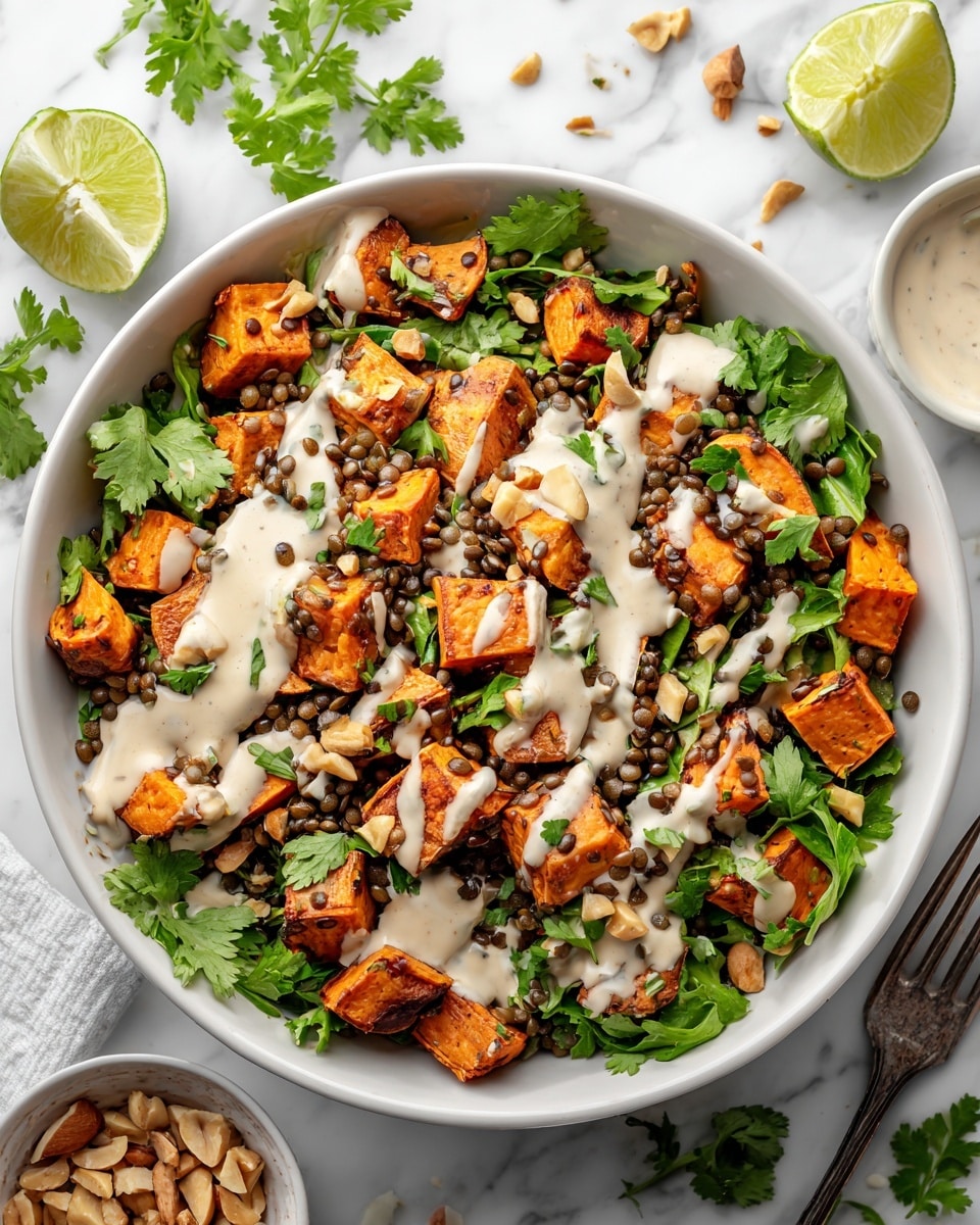 The image shows a bowl with a lentil salad made of three main layers. The bottom layer is a mix of dark lentils spread evenly. On top are roasted orange sweet potato chunks with a crispy-looking skin and soft texture. Scattered throughout are green leafy parsley pieces adding freshness. The entire salad is drizzled with a creamy white dressing that lightly coats the lentils, potatoes, and herbs. Around the bowl, there are some chopped nuts which add texture, and a green half lime with some parsley sprigs placed on a white marbled surface. The bowl is light beige with small brown speckles. Photo taken with an iphone --ar 4:5 --v 7