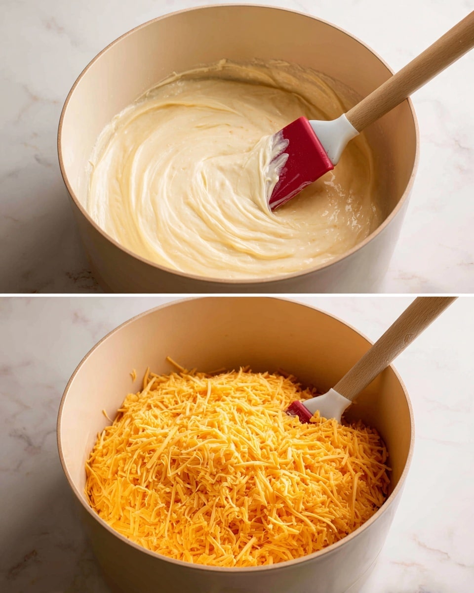 The image shows two side-by-side views of a thick white creamy mixture in a large round white pot with a light beige inside. The first view shows the smooth creamy mixture with a red and white spatula stirring it on the right side. The second view shows the same creamy mixture base but now covered with a large pile of shredded bright orange cheese on top, with the same spatula resting on the right side. The pot sits on a white marbled surface in both views photo taken with an iphone --ar 4:5 --v 7
