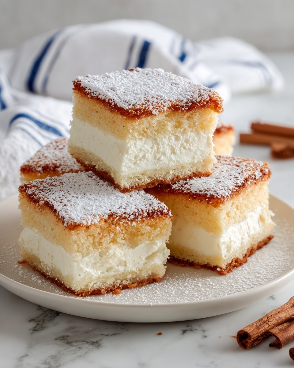 A white plate holds a stack of nine square pieces of cinnamon cake, arranged in a slightly irregular pile. Each piece has two layers: a light golden brown top layer with a slightly crisp texture dusted with a fine layer of white sugar and cinnamon, and a thick, soft, pale cream bottom layer that looks fluffy and moist. The sides reveal the soft inside and the sugar coating on top. The plate sits on a white marbled surface, with some cinnamon sticks and a white towel with blue stripes nearby. photo taken with an iphone --ar 4:5 --v 7