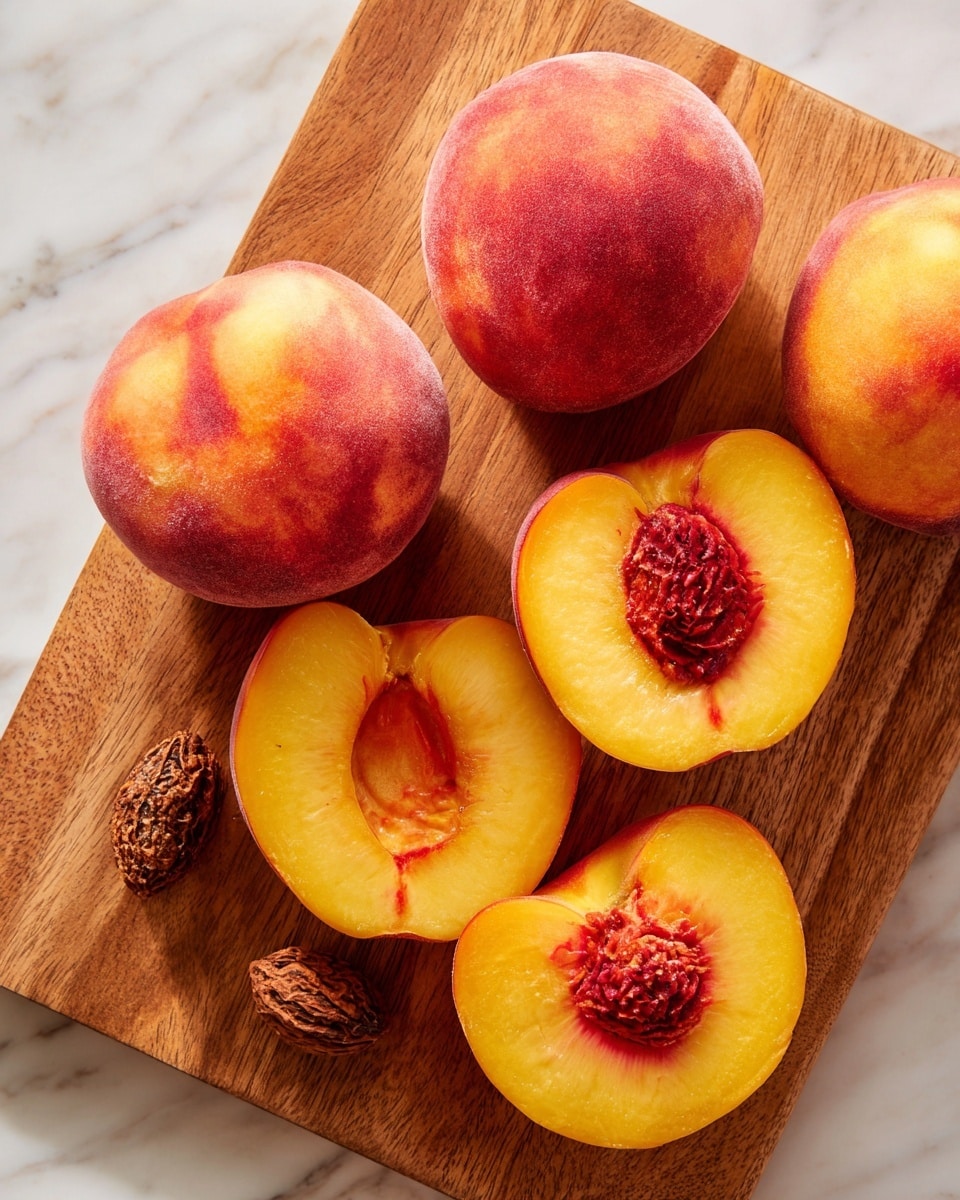 This image shows a wooden board with three whole peaches that have a soft peachy-pink skin with fuzzy texture. There are four peach halves with bright yellow-orange flesh and reddish areas near the pits. Two peach pits are placed near the halves, showing their rough brown texture. The peaches are arranged naturally on the wooden board, which has a warm brown tone with visible grain. The background is a white marbled surface. photo taken with an iphone --ar 4:5 --v 7