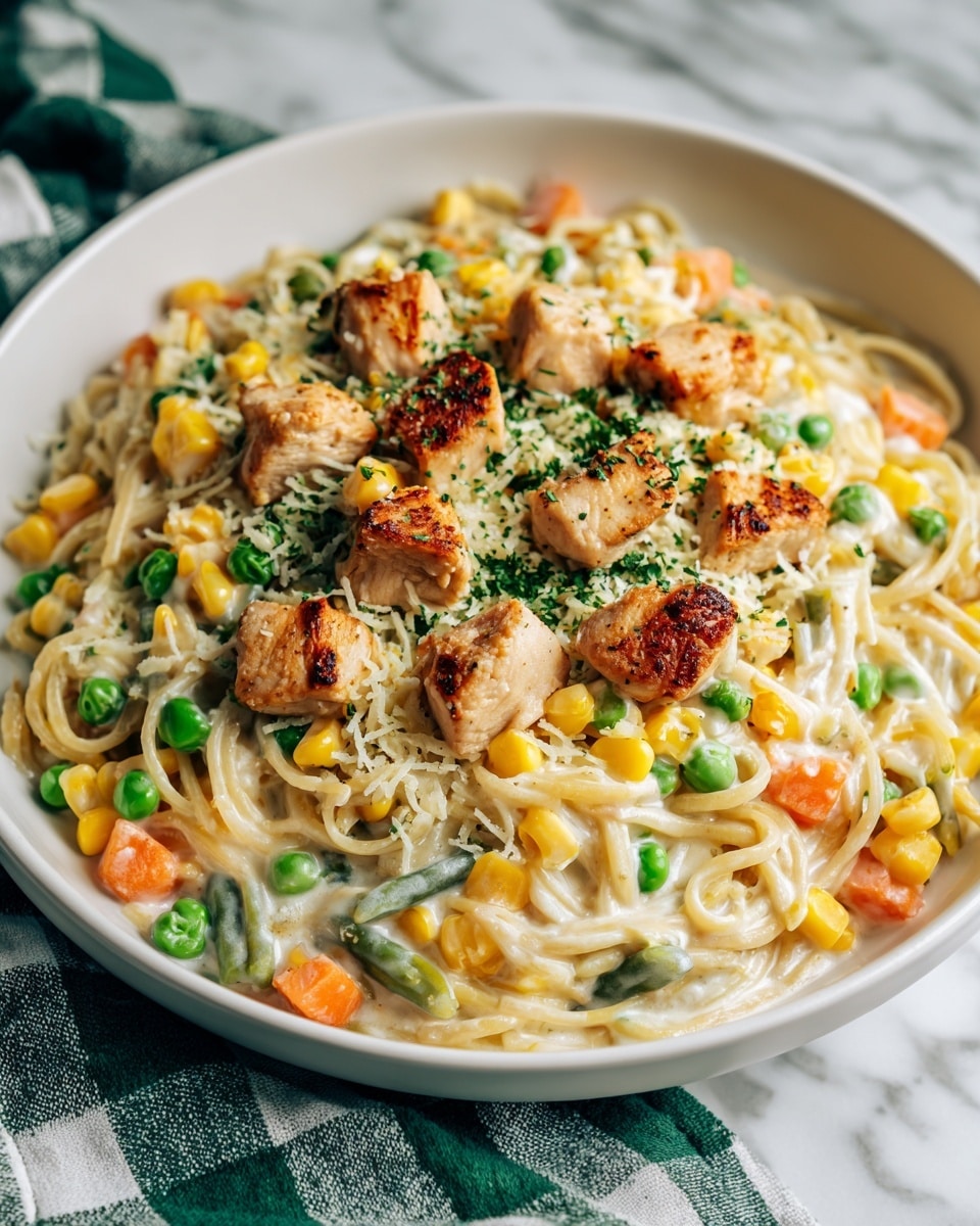A white plate filled with creamy pasta mixed with green peas, orange carrot cubes, yellow corn, and green beans, all coated in a smooth white sauce. On top, there are pieces of golden brown grilled chicken scattered evenly, slightly crispy in texture with a few green herb flakes sprinkled over. The plate is set on a white marbled surface with a green and white checkered cloth partially visible on the left side. photo taken with an iphone --ar 4:5 --v 7