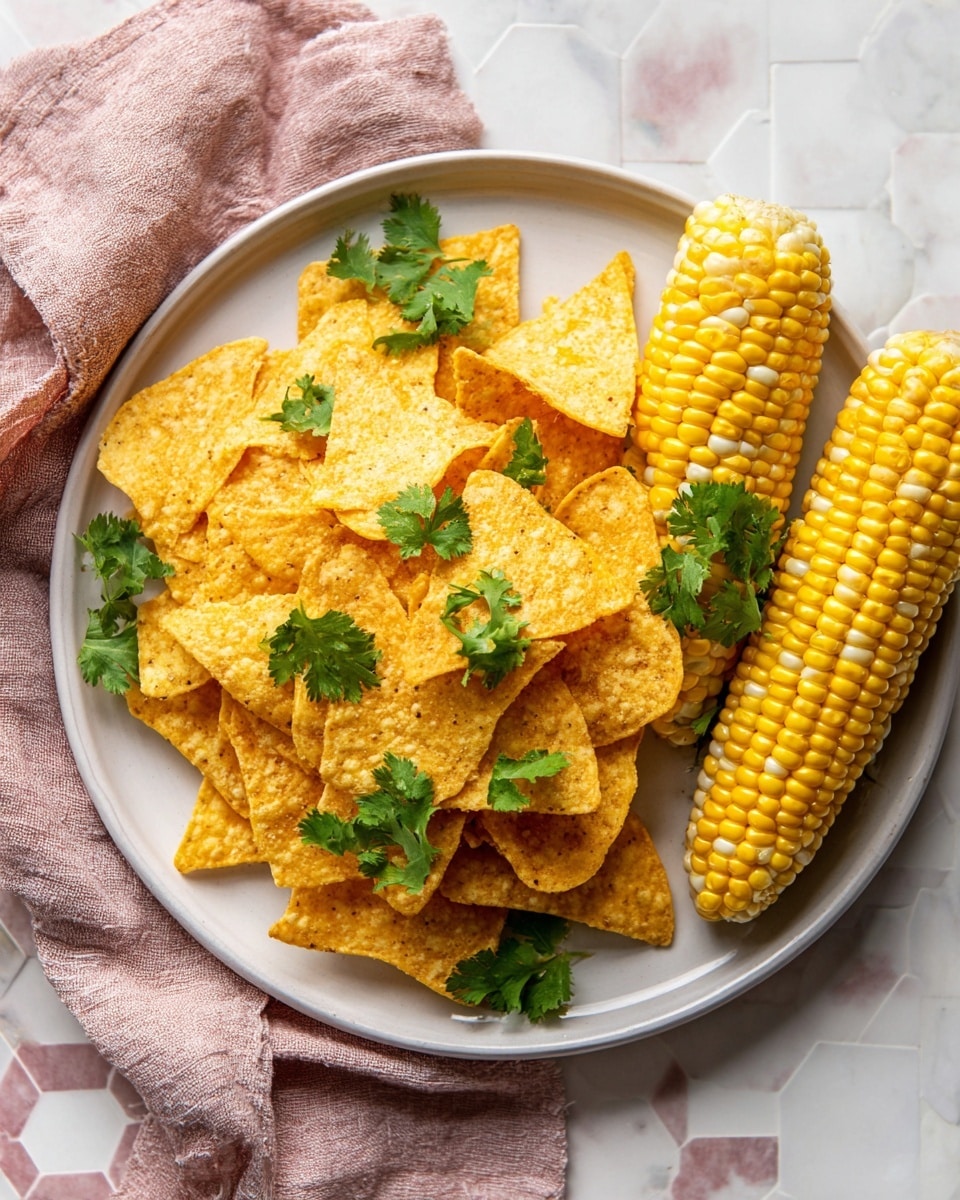 A round white plate is filled with crispy golden yellow tortilla chips stacked loosely, topped with scattered fresh green cilantro leaves. On top and to the right side of the chips, two whole ears of corn with yellow and white kernels lie close to each other, with some cilantro leaves resting on them. The plate sits on a white marbled surface with pink and gray tiles partly visible in the background. Photo taken with an iphone --ar 4:5 --v 7
