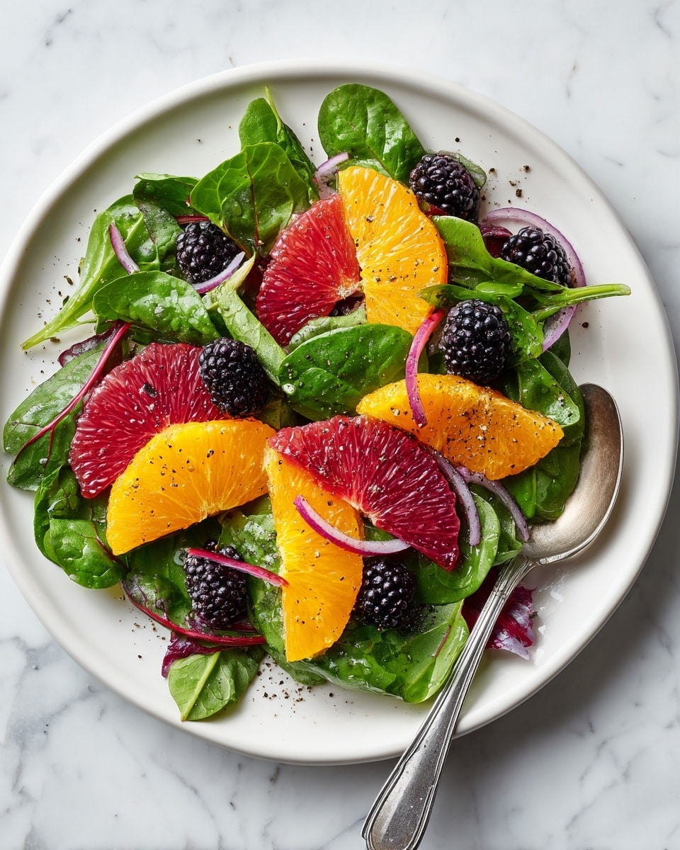 A fresh salad is shown in a white plate placed on a white marbled surface. The salad has three main layers: the bottom layer is green leafy lettuce and spinach with a mix of red-veined leaves, the middle layer features bright yellow-orange slices of orange and pink-red slices of grapefruit, and the top layer has whole shiny blackberries and thin rings of red onion. A silver spoon with some salad rests on the side of the plate, and a light sprinkle of black pepper is scattered over the salad. The salad looks fresh and colorful. Photo taken with an iphone --ar 4:5 --v 7