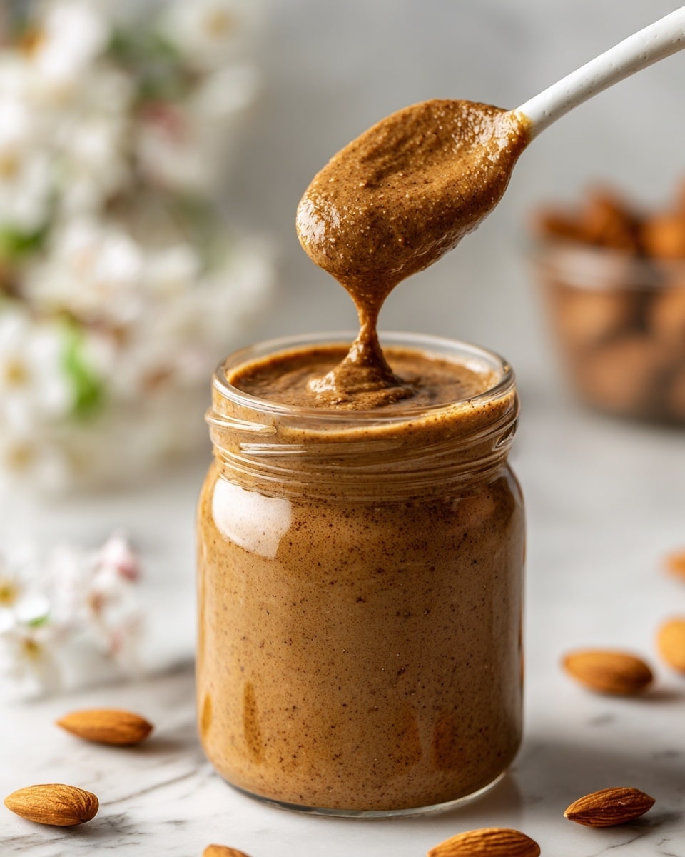 A clear glass jar filled to the top with a thick, creamy light brown spread that has a slightly grainy texture. A white spoon is scooping a heaping amount from the jar, showing the dense and smooth consistency of the spread. In the lower part of the image, a few whole almonds are scattered on a white marbled surface, hinting at the spread's nutty flavor. The lighting is soft and natural, highlighting the spread's rich, warm brown color and the texture of the almonds photo taken with an iphone --ar 4:5 --v 7